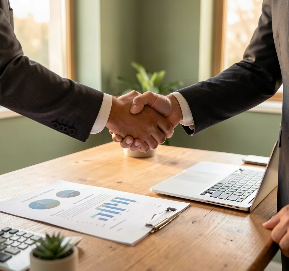 Two professionals shaking hands over a desk with financial reports and a laptop